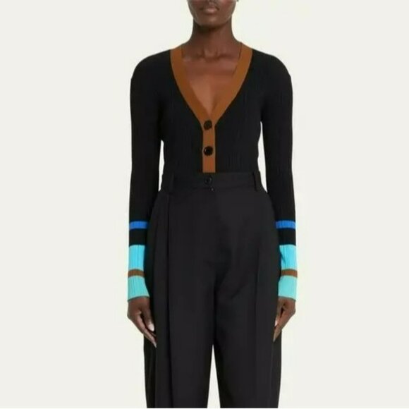 Wales Bonner Striped Ribbed Knit Black Multi V Neck Cardigan Preppy Quiet Luxury - Picture 2 of 14